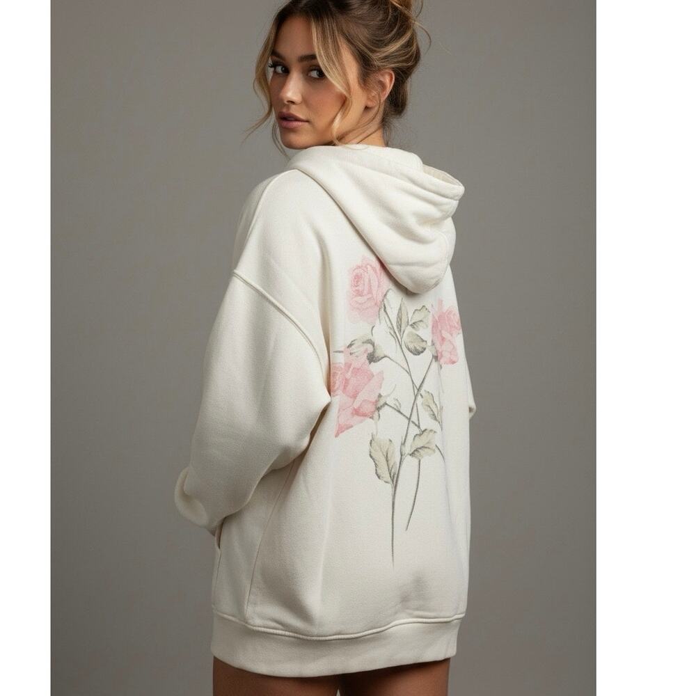 Florence by Mills Cozy Crush Forever Oversized Rose Zip Hoodie White XS Boho